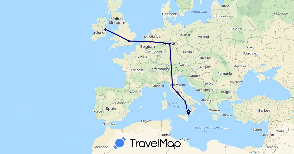 TravelMap itinerary: driving in Germany, United Kingdom, Ireland, Italy (Europe)